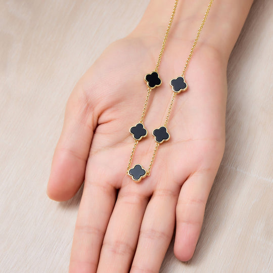 18k Gold Plated Black Onyx Gemstone Multi Clover Necklace - Philip Jones Jewellery
