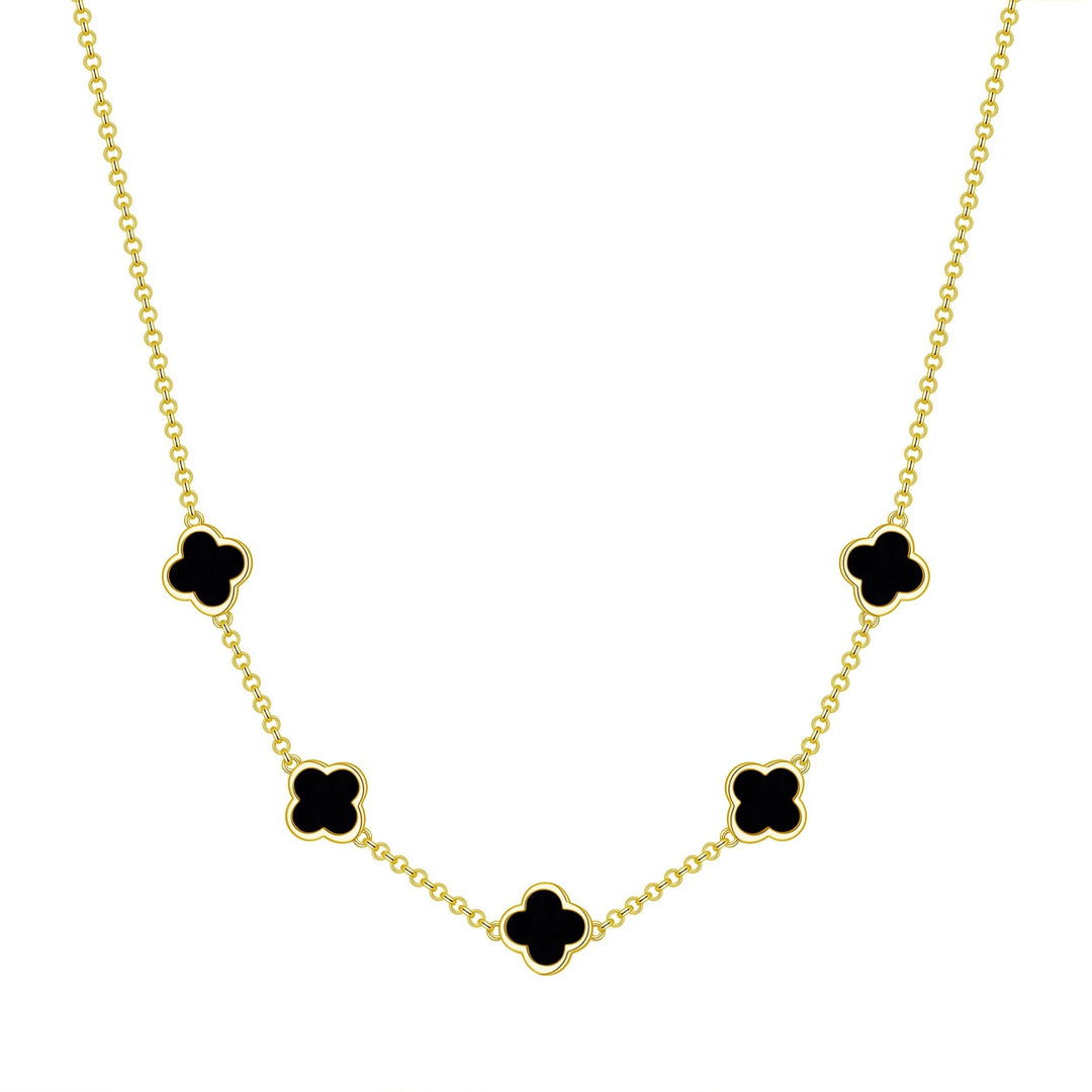 18k Gold Plated Black Onyx Gemstone Multi Clover Necklace - Philip Jones Jewellery