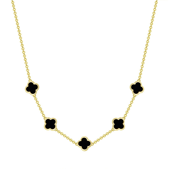 18k Gold Plated Black Onyx Gemstone Multi Clover Necklace - Philip Jones Jewellery