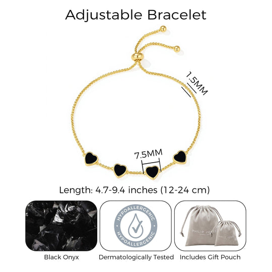 18k Gold Plated Black Onyx Gemstone Multi Heart Friendship Slider Bracelet - Philip Jones Jewellery