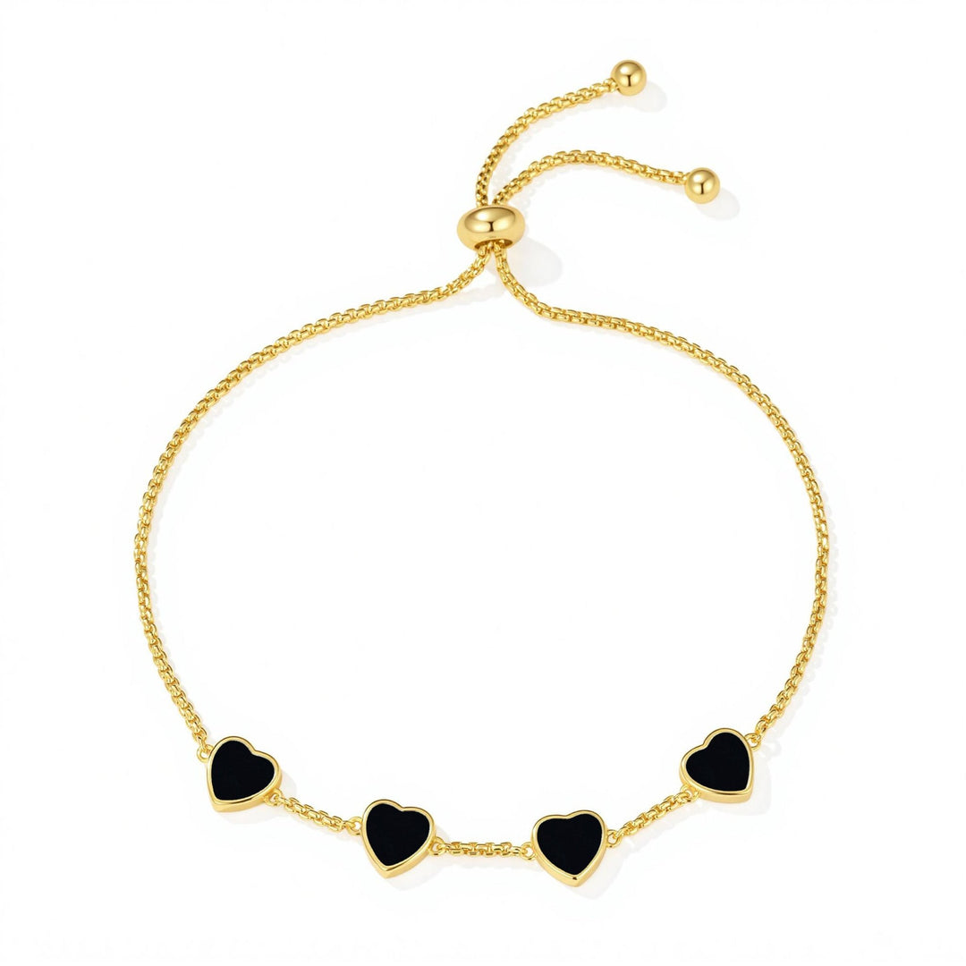 18k Gold Plated Black Onyx Gemstone Multi Heart Friendship Slider Bracelet - Philip Jones Jewellery