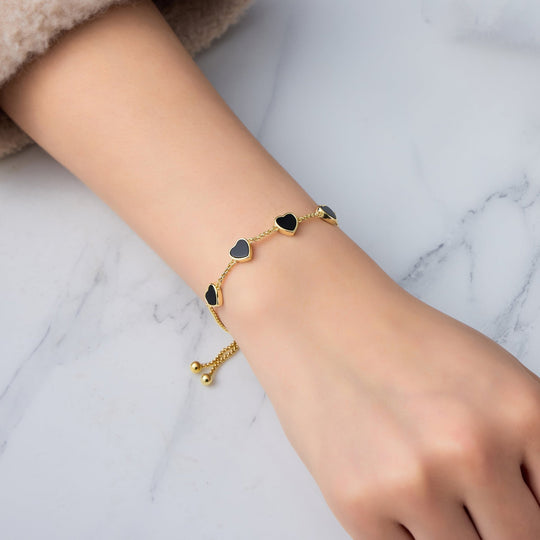 18k Gold Plated Black Onyx Gemstone Multi Heart Friendship Slider Bracelet - Philip Jones Jewellery