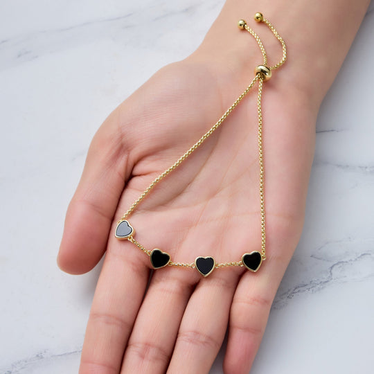18k Gold Plated Black Onyx Gemstone Multi Heart Friendship Slider Bracelet - Philip Jones Jewellery