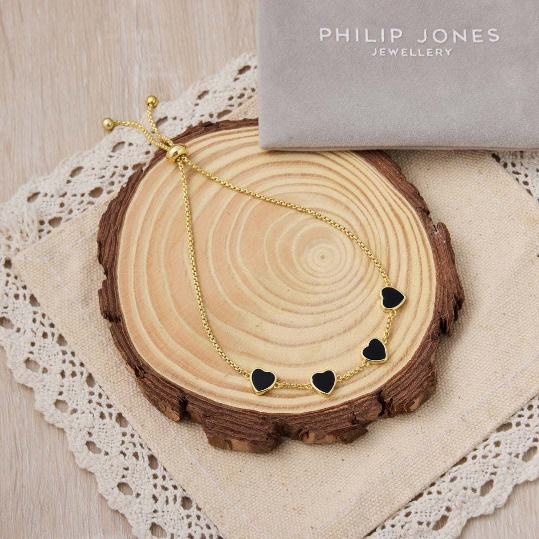 18k Gold Plated Black Onyx Gemstone Multi Heart Friendship Slider Bracelet - Philip Jones Jewellery
