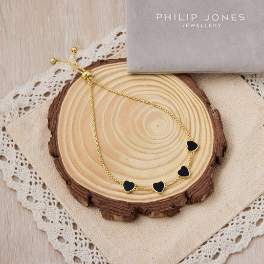 18k Gold Plated Black Onyx Gemstone Multi Heart Friendship Slider Bracelet - Philip Jones Jewellery