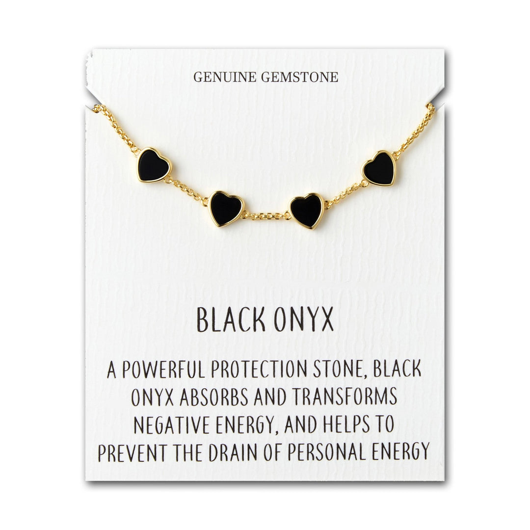 18k Gold Plated Black Onyx Gemstone Multi Heart Friendship Slider Bracelet with Quote Card - Philip Jones Jewellery