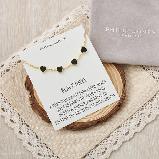 18k Gold Plated Black Onyx Gemstone Multi Heart Friendship Slider Bracelet with Quote Card - Philip Jones Jewellery