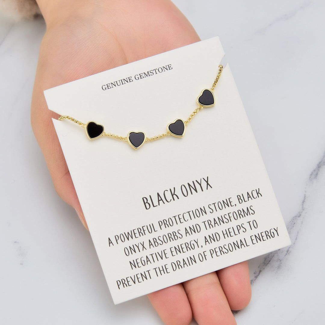 18k Gold Plated Black Onyx Gemstone Multi Heart Friendship Slider Bracelet with Quote Card - Philip Jones Jewellery