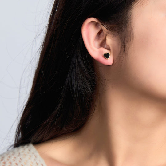 18k Gold Plated Black Onyx Heart Stud Earrings - Philip Jones Jewellery