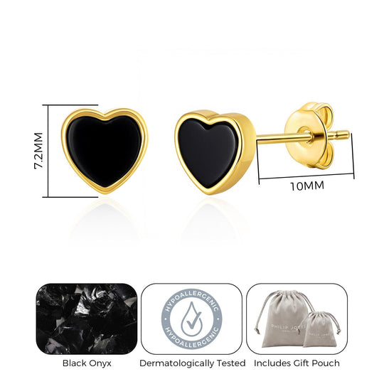 18k Gold Plated Black Onyx Heart Stud Earrings - Philip Jones Jewellery