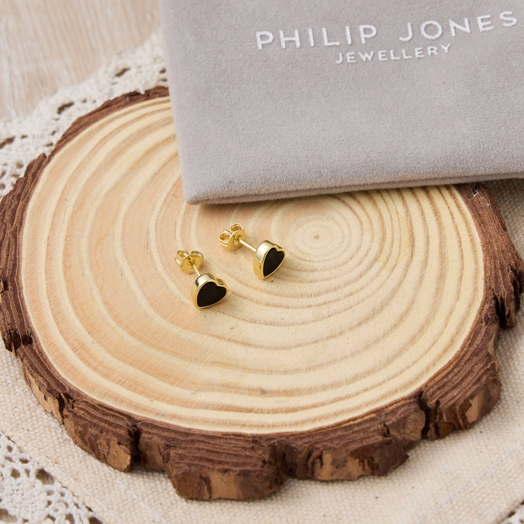 18k Gold Plated Black Onyx Heart Stud Earrings - Philip Jones Jewellery