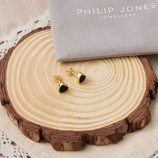 18k Gold Plated Black Onyx Heart Stud Earrings - Philip Jones Jewellery