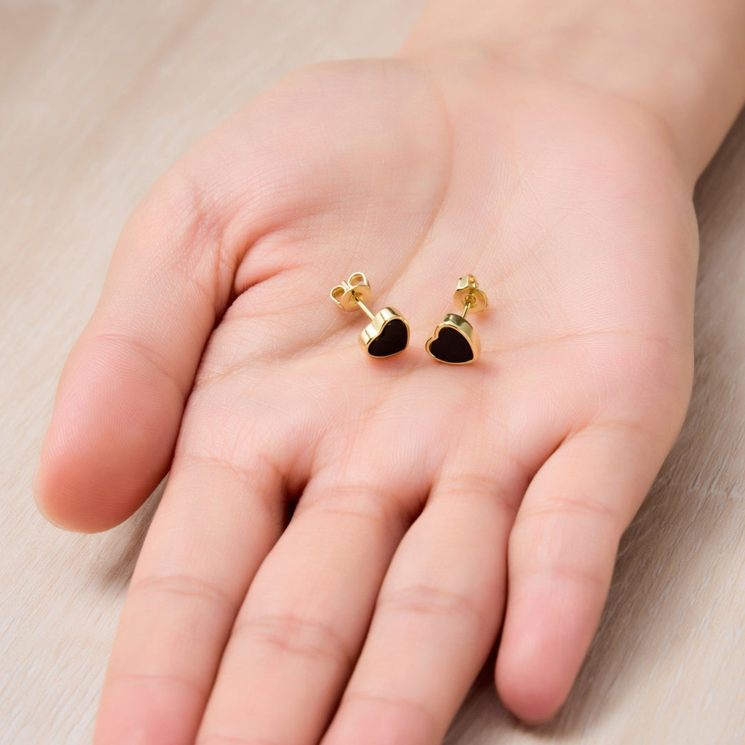 18k Gold Plated Black Onyx Heart Stud Earrings - Philip Jones Jewellery