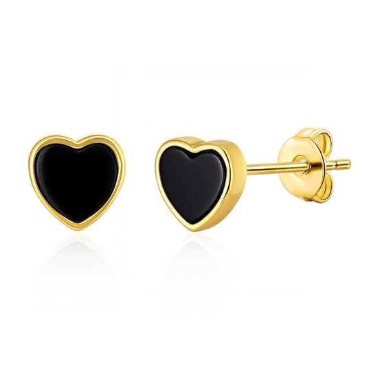 18k Gold Plated Black Onyx Heart Stud Earrings - Philip Jones Jewellery