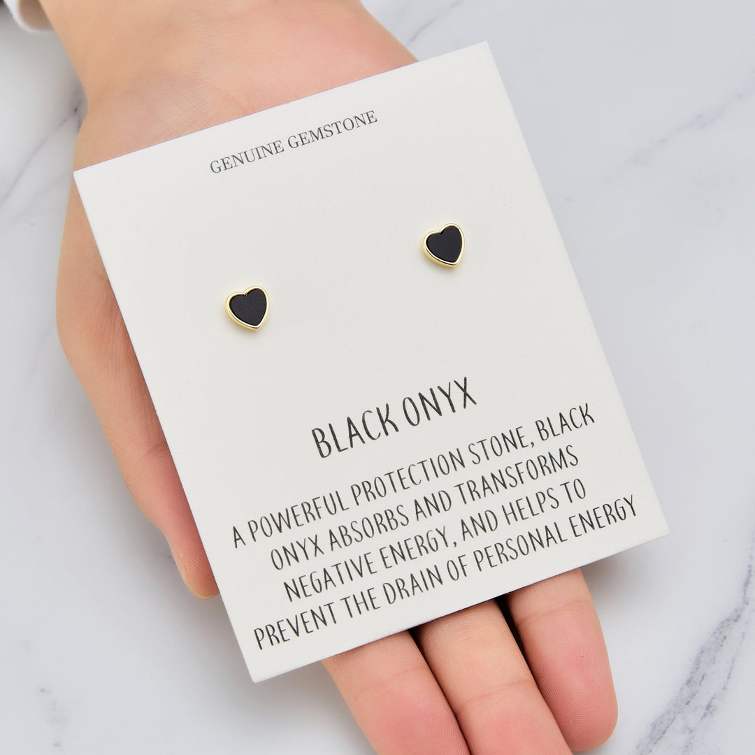 18k Gold Plated Black Onyx Heart Stud Earrings with Quote Card - Philip Jones Jewellery