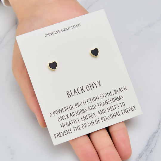 18k Gold Plated Black Onyx Heart Stud Earrings with Quote Card - Philip Jones Jewellery