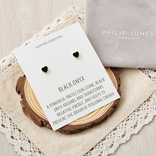 18k Gold Plated Black Onyx Heart Stud Earrings with Quote Card - Philip Jones Jewellery