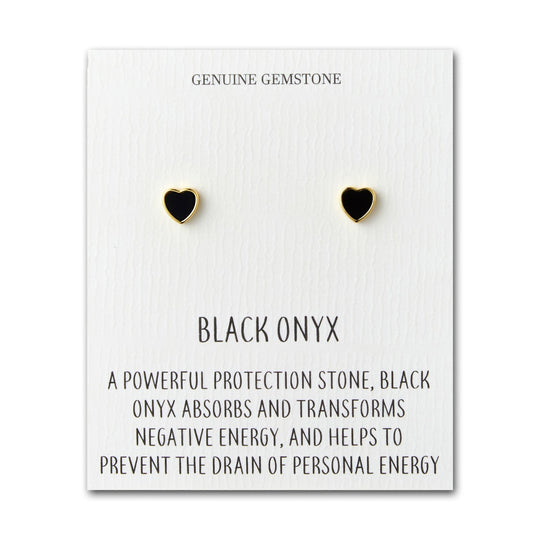 18k Gold Plated Black Onyx Heart Stud Earrings with Quote Card - Philip Jones Jewellery