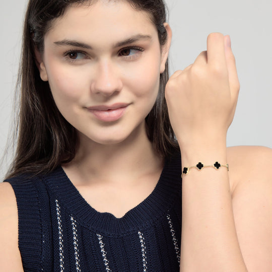 18k Gold Plated Black Onyx Multi Clover Friendship Slider Bracelet