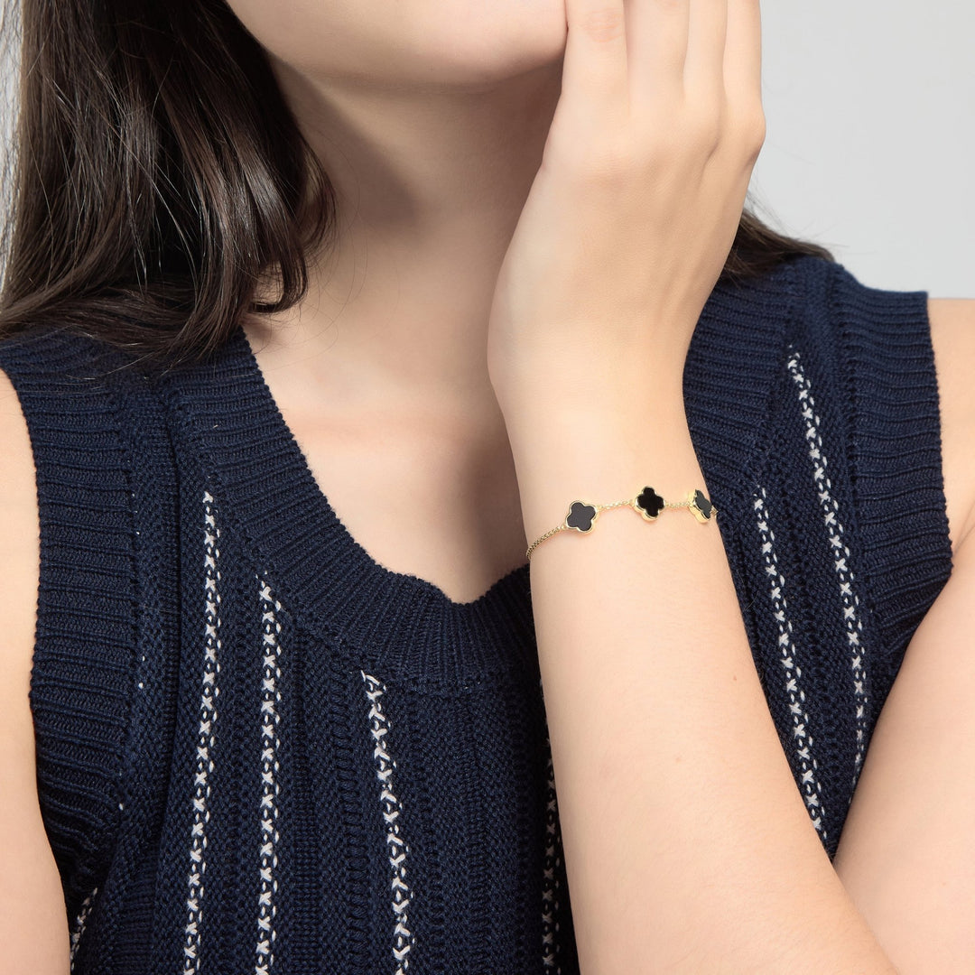 18k Gold Plated Black Onyx Multi Clover Friendship Slider Bracelet