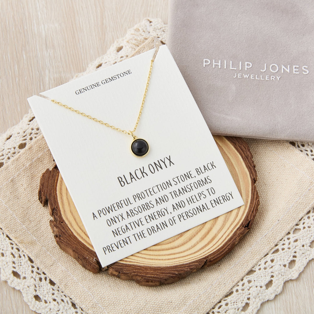 18k Gold Plated Black Onyx Necklace with Quote Card - Philip Jones Jewellery