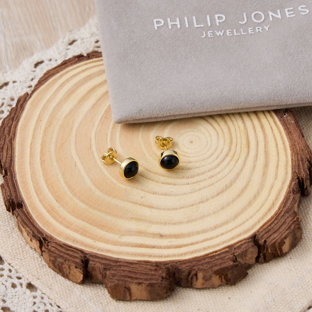 18k Gold Plated Black Onyx Stud Earrings - Philip Jones Jewellery