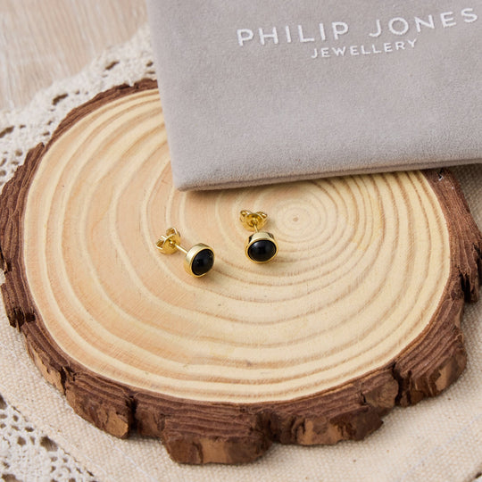 18k Gold Plated Black Onyx Stud Earrings - Philip Jones Jewellery