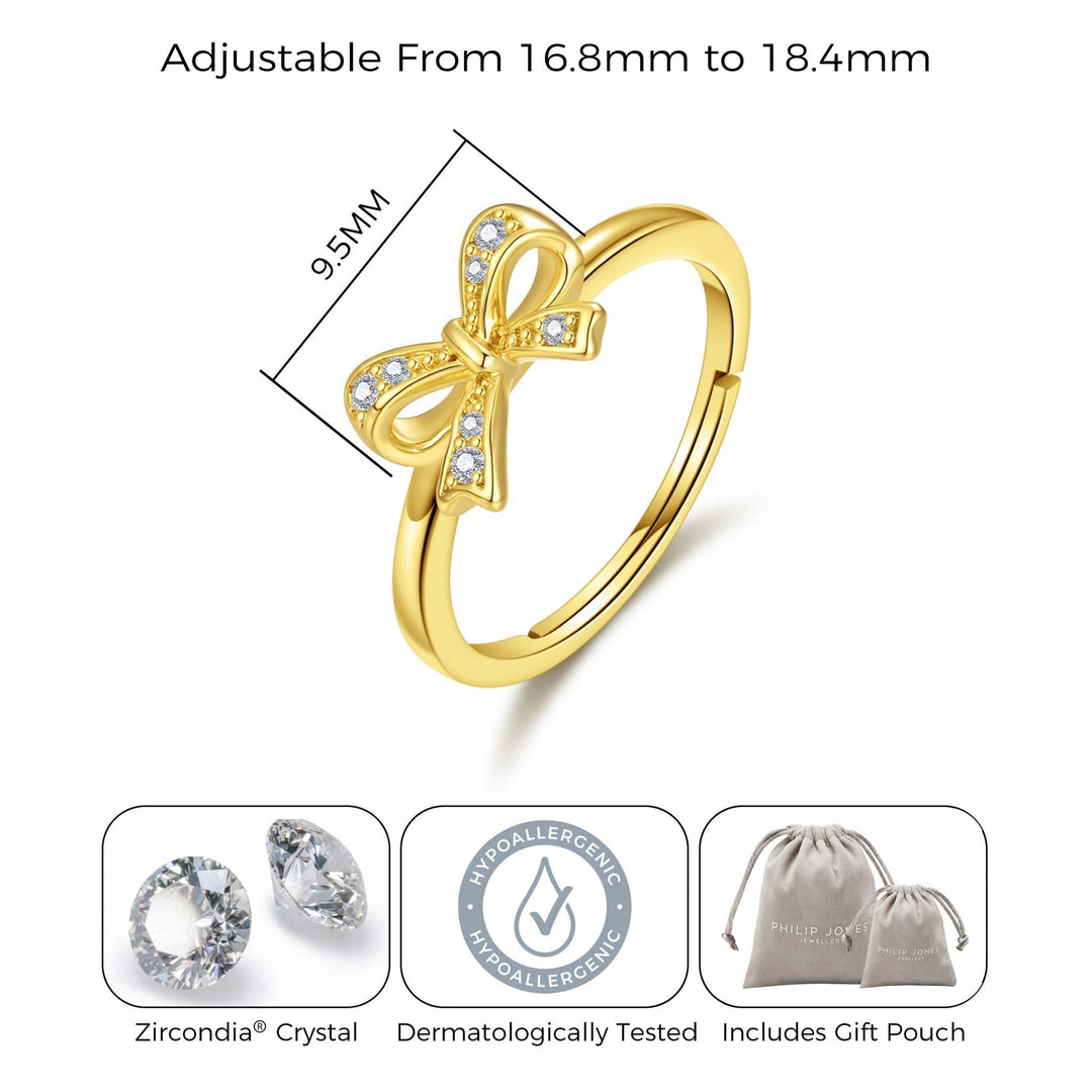 18k Gold Plated Bow Adjustable Ring Created with Zircondia® Crystals - Philip Jones Jewellery