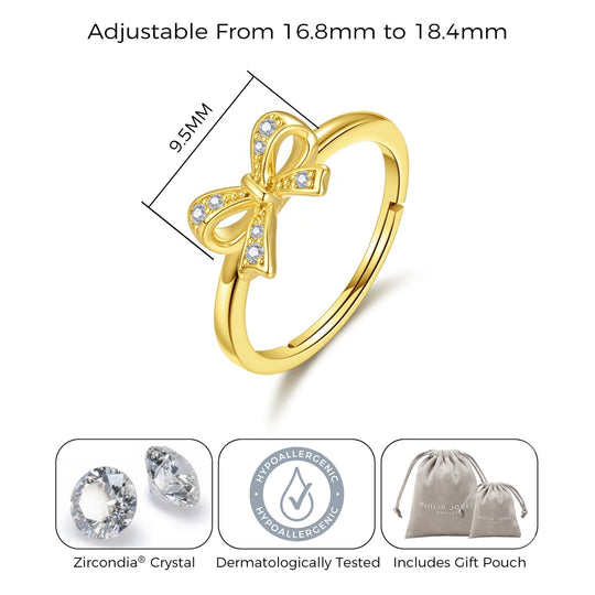 18k Gold Plated Bow Adjustable Ring Created with Zircondia® Crystals - Philip Jones Jewellery