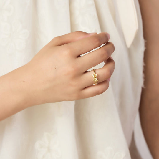 18k Gold Plated Bow Adjustable Ring Created with Zircondia® Crystals - Philip Jones Jewellery