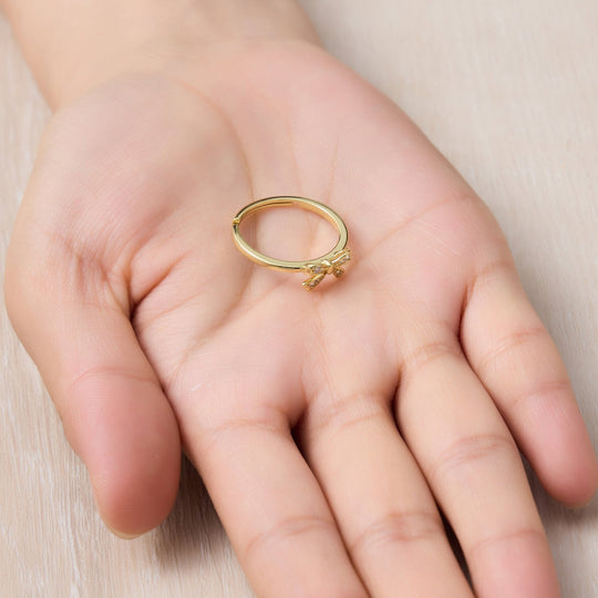 18k Gold Plated Bow Adjustable Ring Created with Zircondia® Crystals - Philip Jones Jewellery