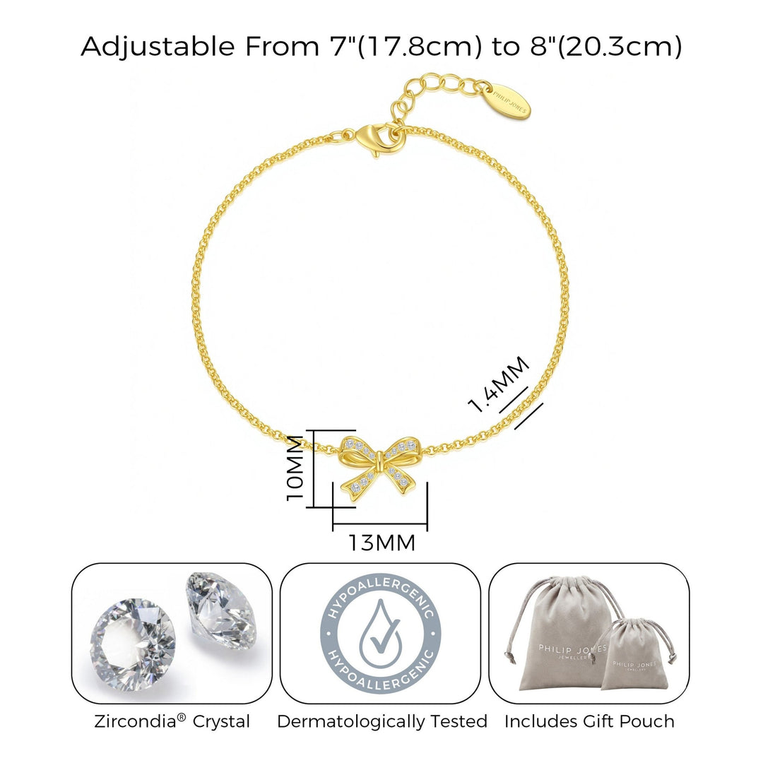 18k Gold Plated Bow Bracelet Created with Zircondia® Crystals - Philip Jones Jewellery