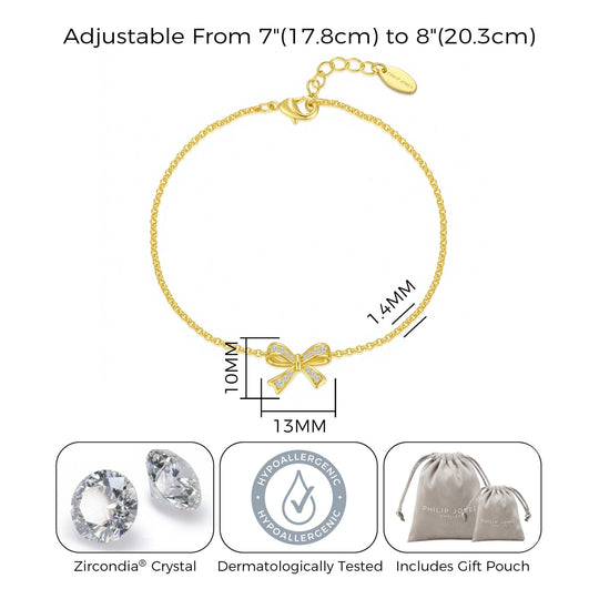 18k Gold Plated Bow Bracelet Created with Zircondia® Crystals - Philip Jones Jewellery