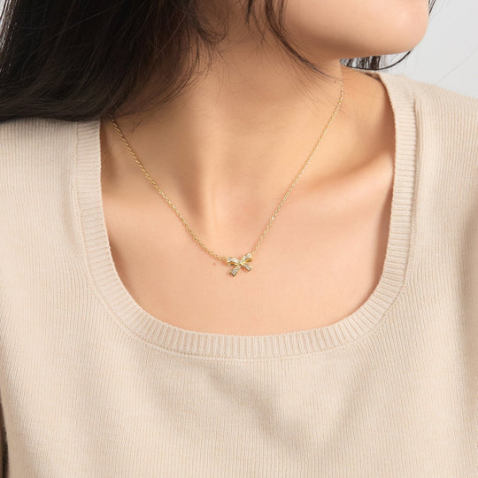 18k Gold Plated Bow Necklace Created with Zircondia® Crystals - Philip Jones Jewellery