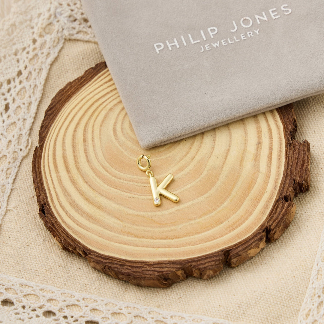 18k Gold Plated Clip On Initial Charms Letter A - Z Created with Zircondia® Crystals - Philip Jones Jewellery