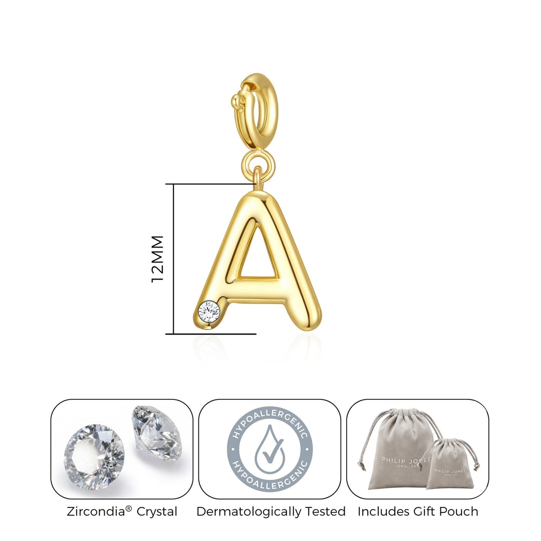 18k Gold Plated Clip On Initial Charms Letter A - Z Created with Zircondia® Crystals - Philip Jones Jewellery