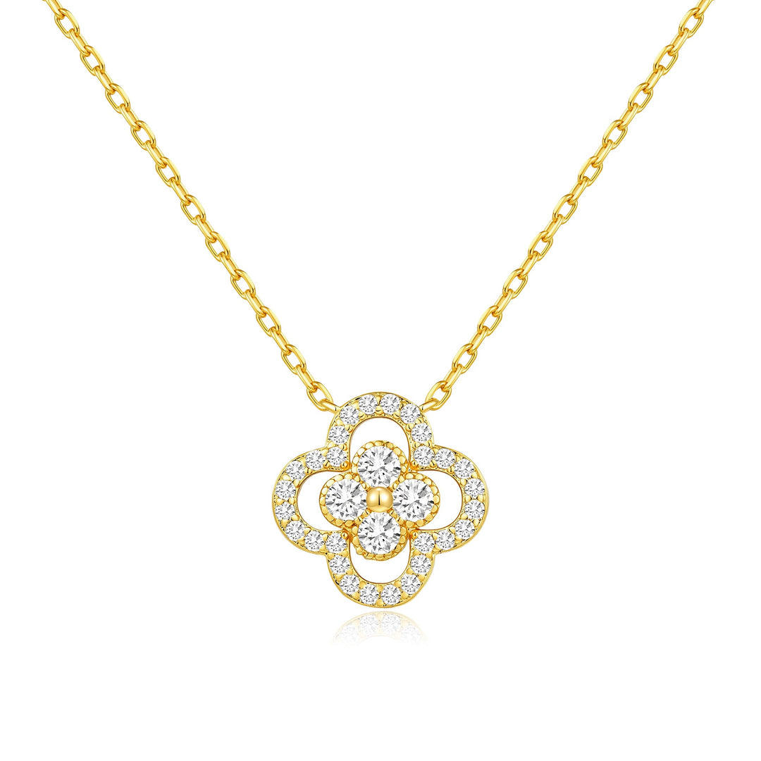 18k Gold Plated Clover Halo Necklace Created with Zircondia® Crystals - Philip Jones Jewellery
