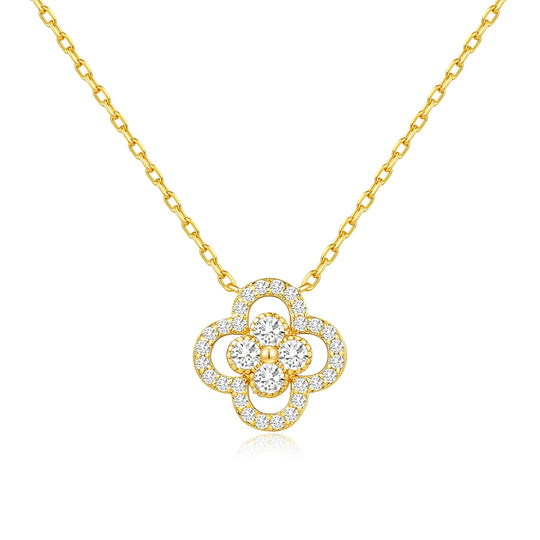 18k Gold Plated Clover Halo Necklace Created with Zircondia® Crystals - Philip Jones Jewellery