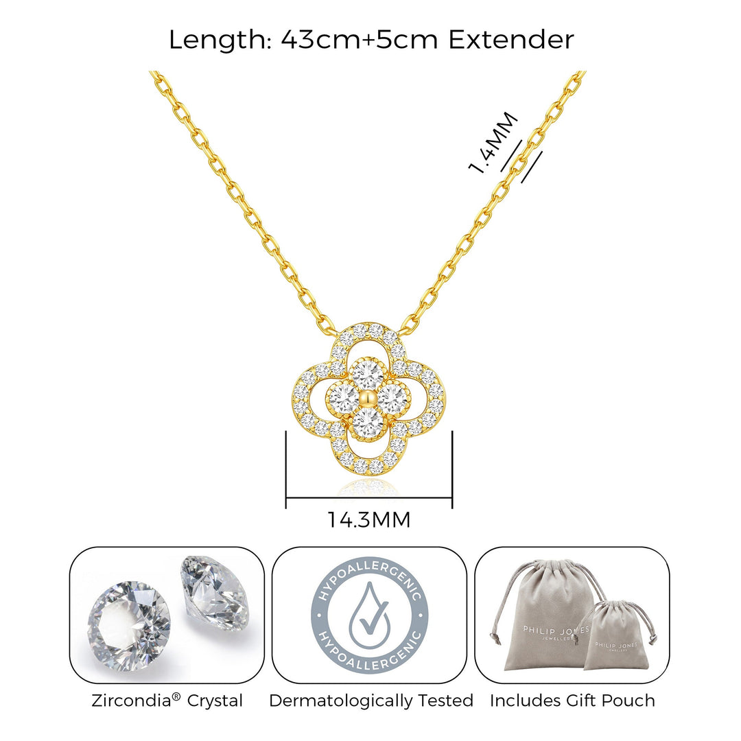 18k Gold Plated Clover Halo Necklace Created with Zircondia® Crystals - Philip Jones Jewellery