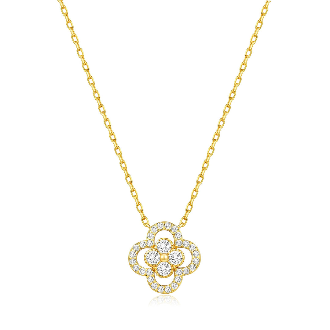 18k Gold Plated Clover Halo Necklace Created with Zircondia® Crystals - Philip Jones Jewellery