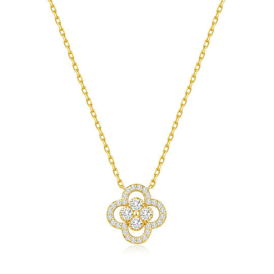 18k Gold Plated Clover Halo Necklace Created with Zircondia® Crystals - Philip Jones Jewellery