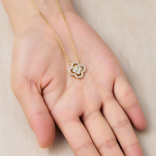 18k Gold Plated Clover Halo Necklace Created with Zircondia® Crystals - Philip Jones Jewellery