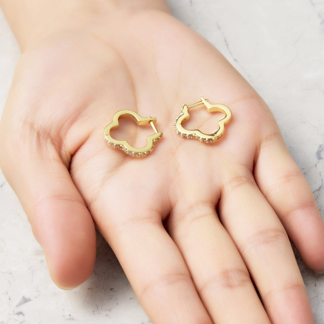 18k Gold Plated Clover Hoop Earrings Created with Zircondia® Crystals