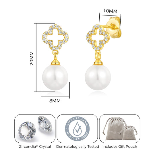 18k Gold Plated Clover Pearl Drop Earrings Created with Zircondia® Crystals - Philip Jones Jewellery
