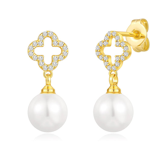18k Gold Plated Clover Pearl Drop Earrings Created with Zircondia® Crystals - Philip Jones Jewellery