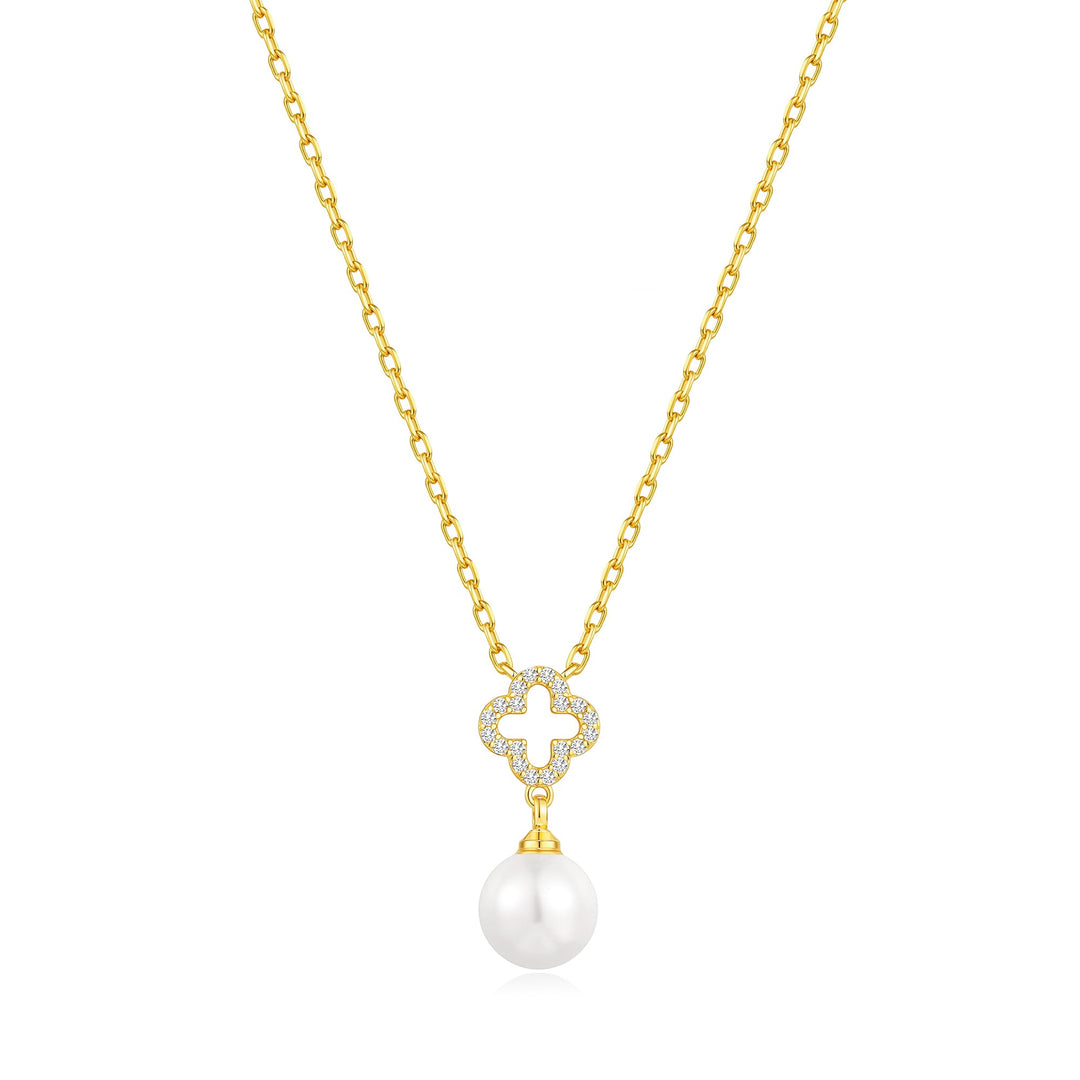 18k Gold Plated Clover Pearl Drop Necklace Created with Zircondia® Crystals - Philip Jones Jewellery