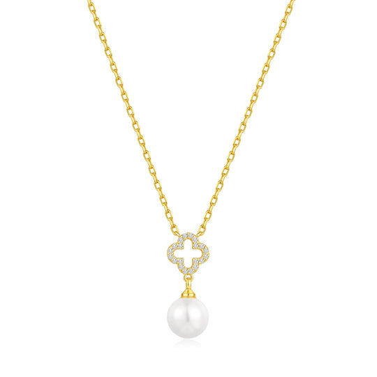 18k Gold Plated Clover Pearl Drop Necklace Created with Zircondia® Crystals - Philip Jones Jewellery