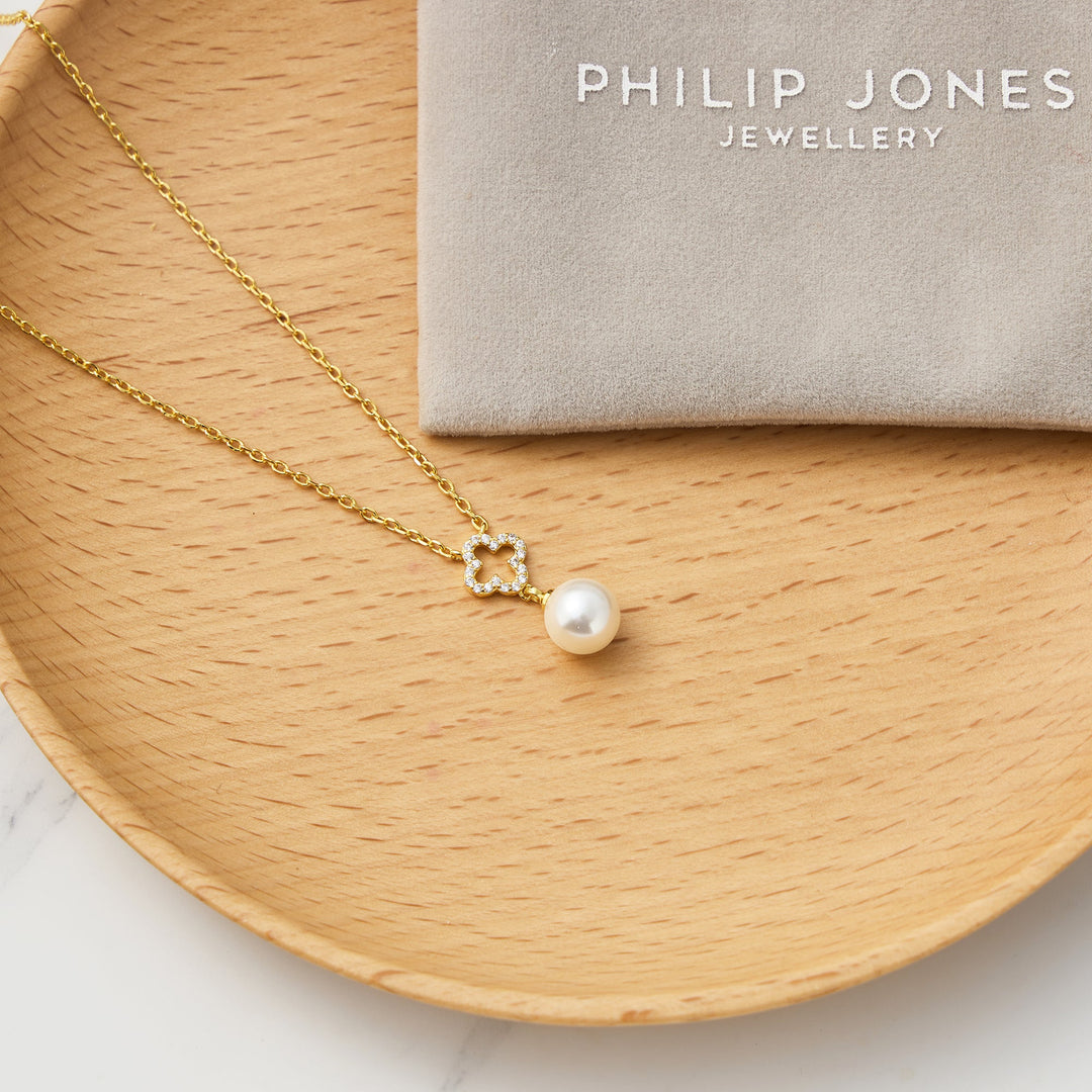 18k Gold Plated Clover Pearl Drop Necklace Created with Zircondia® Crystals - Philip Jones Jewellery