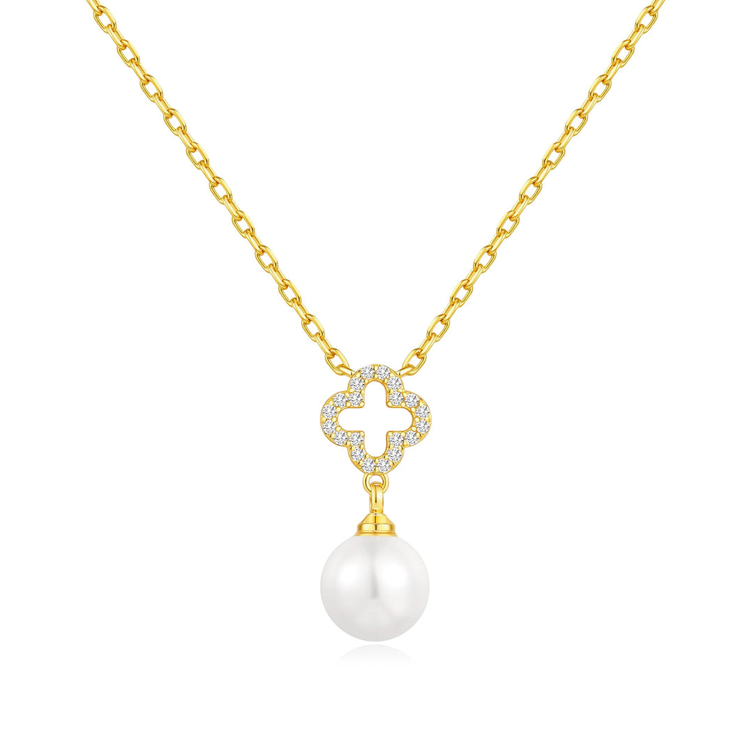 18k Gold Plated Clover Pearl Drop Necklace Created with Zircondia® Crystals - Philip Jones Jewellery