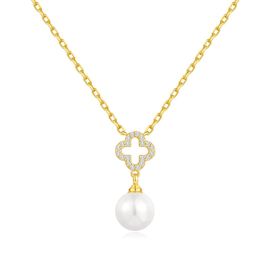 18k Gold Plated Clover Pearl Drop Necklace Created with Zircondia® Crystals - Philip Jones Jewellery